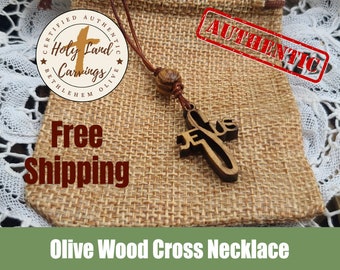 Authentic Bethlehem Holy Cross 1.18" Olive Wood Necklace w/ Leather Cord, Olive Wood Bead, Burlap Bag, &  Certificate - FREE Shipping