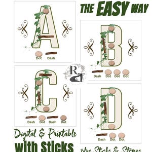 Könnte beinhalten: Eine druckbare Tabelle mit den Buchstaben A, B, C und D, jeweils mit einer visuellen Darstellung des Morsecodes für diesen Buchstaben mit Stöcken und Steinen. Die Tabelle trägt den Titel "Morsecode lernen auf die einfache Art" und "Digital & Druckbar mit Stöcken und Steinen".