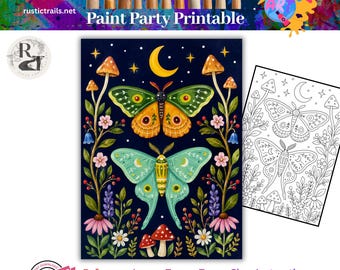 Atelier de peinture, motif papillon au clair de lune et papillon lune, modèle pré-dessiné, kit de toile, tutoriel de peinture imprimable, adapté aux enfants