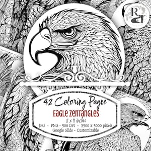 May include: 42 coloring pages featuring intricate black and white eagle zentangles. Each page is 8 by 11 inches, 3500 by 5000 pixels, and 500 DPI. The pages are in JPG and PNG format and can be customized in Google Slides.