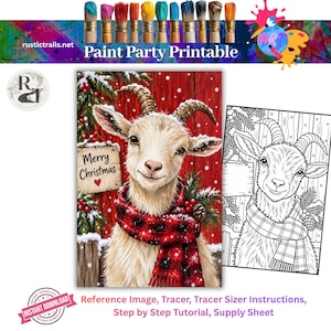 May include: A digital paint party printable set featuring a goat wearing a red and black buffalo plaid scarf against a red wooden background with snow. The set includes a full-colour reference image, a black and white line art tracer, and text.