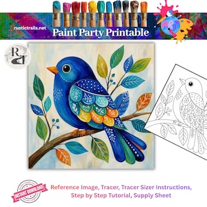 May include: A digital paint party printable featuring a blue bird perched on a branch with colourful leaves. The set includes a full-colour reference image, a black and white line art tracer, and step-by-step instructions for a painting project.