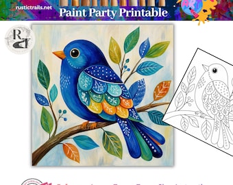 Festa da Pintura, Pintura de Pássaro Azul em Estilo Folk, Kit de Ferramentas com Modelo Desenhado à Mão Livre, Tutorial Passo a Passo para Imprimir, Lição de Desenho à Mão Livre, Círculo Cromático