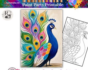 Atelier de peinture, motif paon bleu d'art populaire, modèle pré-dessiné, kit de toile, tutoriel, leçon de peinture imprimable, pour enfants, guide pédagogique