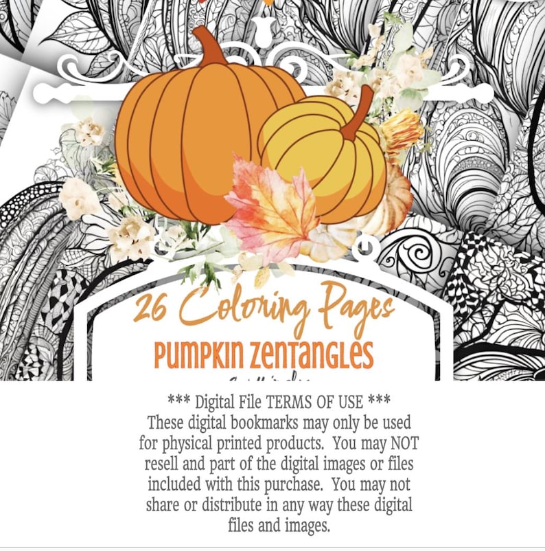 26 Fall Pumpkin Zentangle Coloring Pages 8x11in 500 DPI PNG, Unlimited