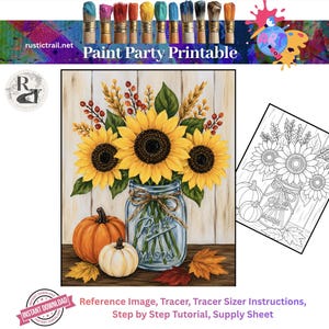 Fiesta de pintura, diseño de girasol, calabaza y tarro de cristal, plantilla prediseñada, kit de herramientas para lienzo, tutorial, lección de pintura artística imprimible a color.