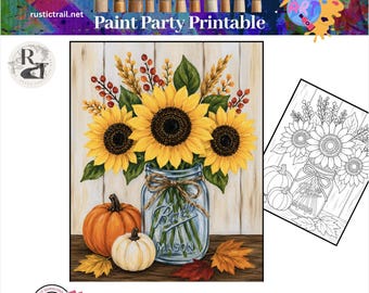 Malparty, Sonnenblumen-, Kürbis- und Einmachglas-Design, vorgezeichnete Vorlage, Leinwand-Set, Anleitung, druckbare Kunst-Malstunde, Farbe