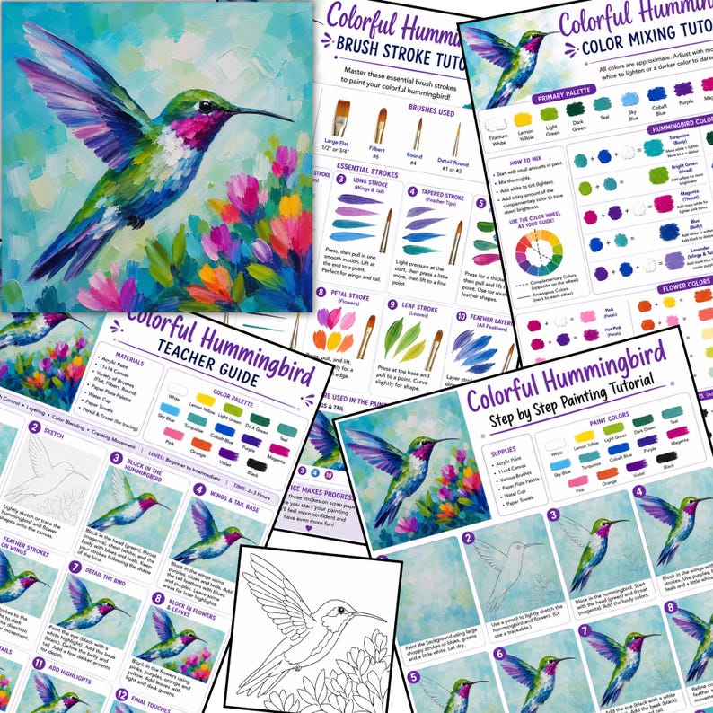 Paint Party, Abstract Colorful Hummingbird Design, Pre Drawn Template ...