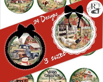 25 Farm Life Circle Christmas Ornaments, Download Print 3 sizes 300 & 938 DPI, Tags Stickers, Wedding, Bohemian Boho, Junk Scrapbook