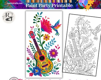 Atelier de peinture, Guitare florale et colibri d'art populaire, Modèle pré-dessiné, Kit de toile, Tutoriel, Leçon de peinture imprimable, Roue chromatique