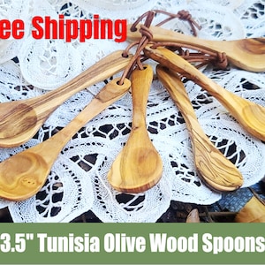 Authentic Tunisia Africa Olive Wood Hand Carved Wooden Spoon - 3.5&quot;  w/ Bag - FREE Shipping - Coffee, Sugar, Spice, Tea, Honey, Ice-cream
