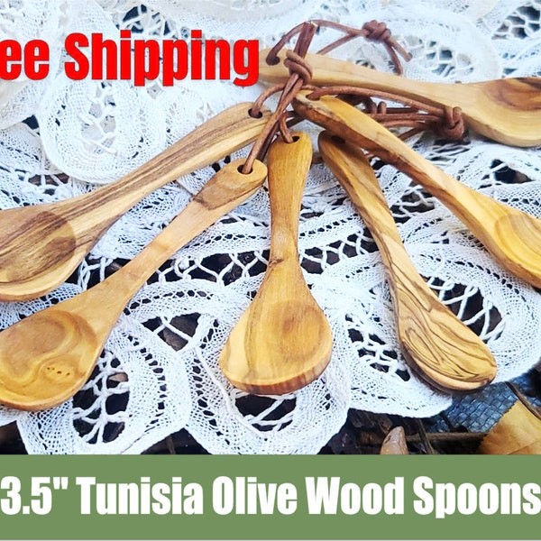 Authentic Tunisia Africa Olive Wood Hand Carved Wooden Spoon - 3.5"  w/ Bag - FREE Shipping - Coffee, Sugar, Spice, Tea, Honey, Ice-cream
