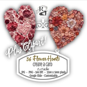 DIY Card 36 Heart Art with Flowers & 100+ Clipart pieces Shabby Chic 8.5x11in Download 500 DPI PNG Crafts, Valentine Wedding Card, Scrapbook
