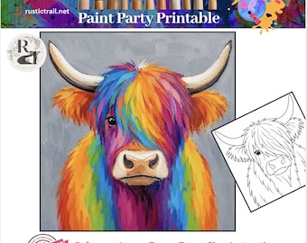 Malparty, Regenbogen-Hochlandkuh-Vorlage, Nachzeichnungs-Werkzeugset, Schritt-für-Schritt-Malanleitung, druckbare Kunstlektion, Farbtipps, Technik