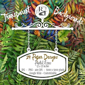 May include: 29 digital paper designs featuring watercolor painted ferns in various shades of green, red, orange, yellow, and blue. The papers are 12x12 inches and 5000x5000 pixels, 400 DPI. They are available in JPG and PNG formats and are customizable for Google Slides.