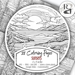 May include: 28 coloring pages featuring sunsets with a lake and mountains. The pages are 8 x 11 inches, 3500 x 5000 pixels, 500 DPI, and are customizable in Google Slides.