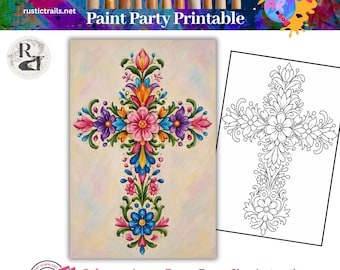 Paint Party, Stained Glass Cross Pre Drawn Template, Painting Toolkit Step by Step Tutorial Printable Art Tracer Lesson, Color Wheel, Tips