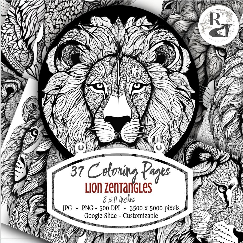 37 Lion Zentangle Coloring Pages 8x11in 500 DPI PNG, Unlimited Physical Use, Scrapbook Crafts, Cards, Adult Coloring, Art, Journal