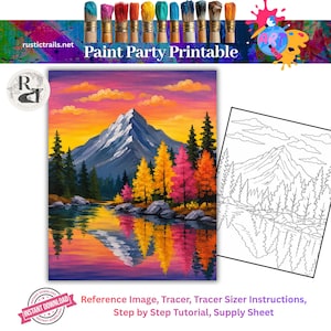 Può includere: Un set stampabile per feste di pittura digitale con un colorato dipinto di paesaggio montano con tramonto, un lago e alberi, insieme a una versione tracciante in bianco e nero. Il testo include "rustictrails.net" e "Paint Party Printable".