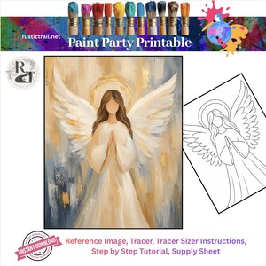 May include: A paint party printable set featuring an angel with large white wings and a halo. The set includes a full-colour reference image, a black and white line art tracer, and text reading Paint Party Printable and rustictrail.net.