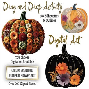 Maak prachtige pompoenkunst met bloemen Google Slide-activiteit Shabby Chic 8,5 x 11 in 500 dpi png Knutselen, school, Thanksgiving, afdrukken