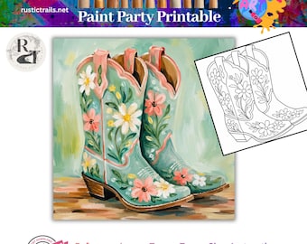 Festa da Pintura, Botas de Caubói Florais - Molde Pré-Desenhado, Kit de Ferramentas para Desenho, Tutorial de Pintura Passo a Passo para Imprimir, Lição de Desenho com Roda de Cores
