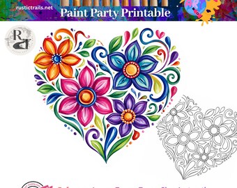 Fiesta de pintura, plantilla prediseñada de corazón floral de arte popular, kit de herramientas de trazado, tutorial de pintura paso a paso, lección de arte imprimible, rueda de colores