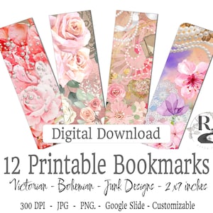 12 hermosos marcadores victorianos de estilo boho, basura y shabby chic: descarga digital, 2 x 7 pulgadas, 300 DPI, personalización, uso físico ilimitado