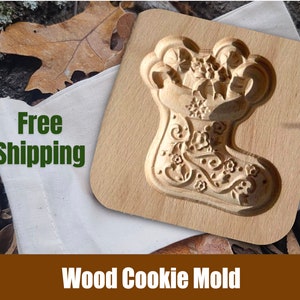Wood Circle Christmas Stocking Cookie Mold 3.93&quot;x3.93&quot;  w/ muslin bag - Springerle, Speculaas, Gingerbread, Shortbread  - Holiday Cooking