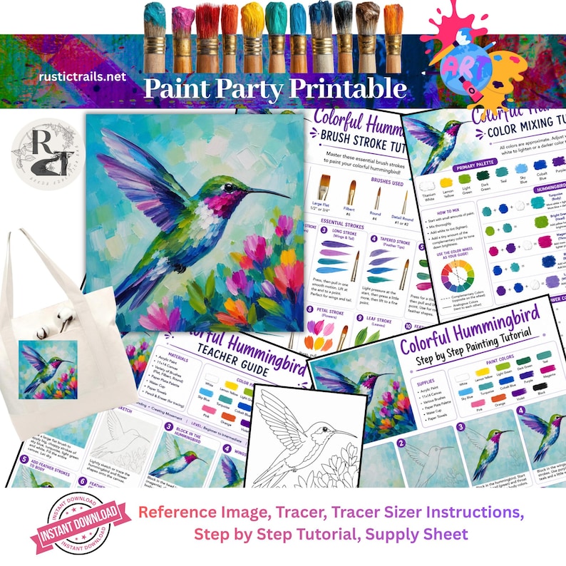 Paint Party, Abstract Colorful Hummingbird Design, Pre Drawn Template ...