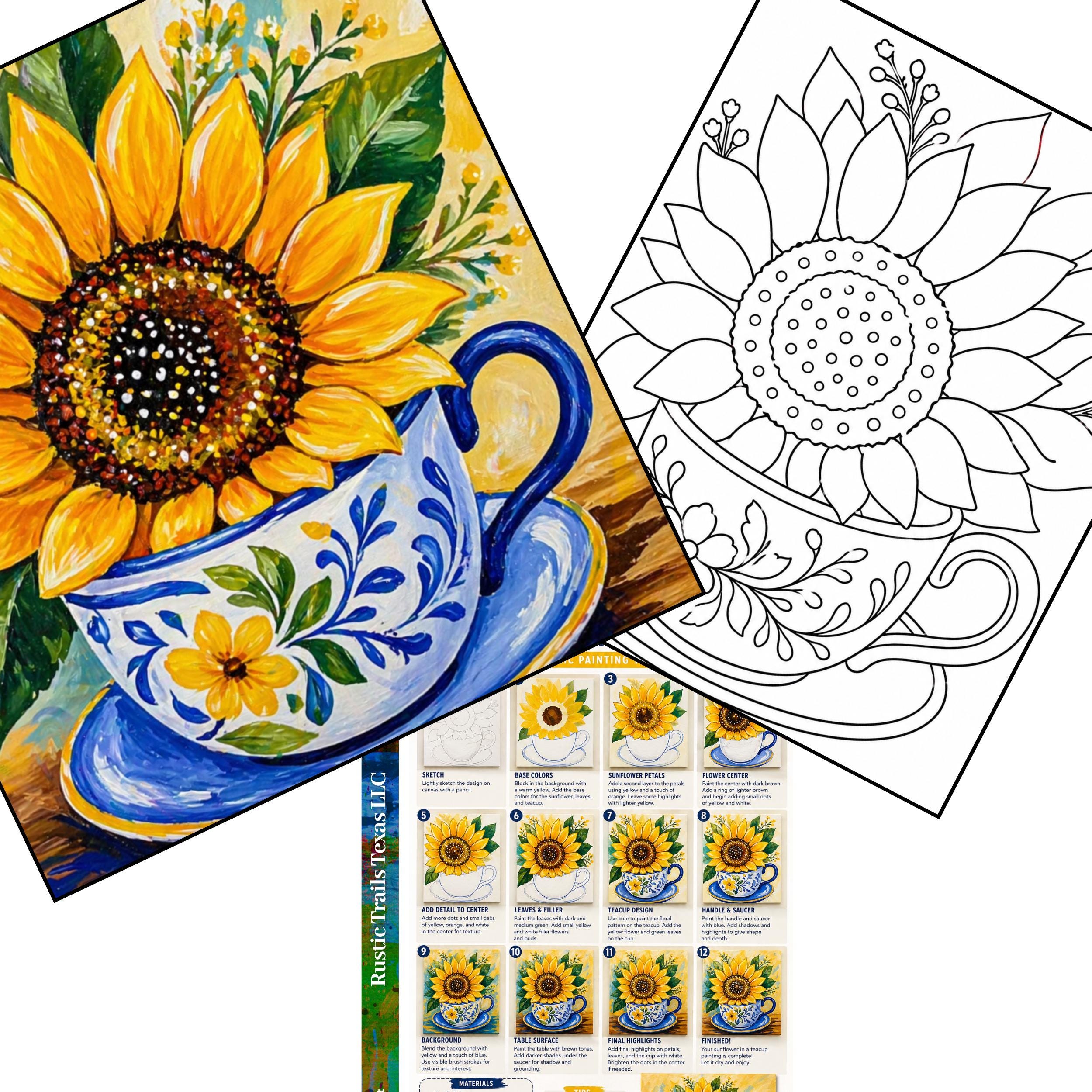 Paint and Sip Party Sunflower Tea Cup Design, Pre Drawn Template ...