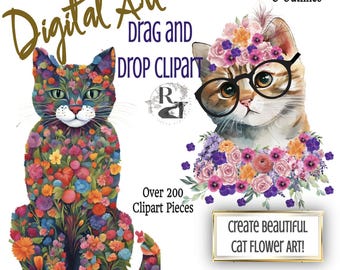 Erstellen Sie Schöne DIY-Katze Digital Art Blumen Karte 250+ Clipart-Stücke Shabby Chic 8,5 x 11 in 500 DPI PNG Handwerk, Schule, Scrapbook, Druck