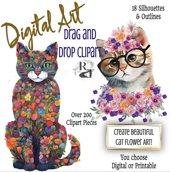 Create Beautiful DIY Cat Digital Art Flowers Card 250+ Clipart
