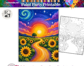 Paint Party, Colorful Sunflower Path at Sunset, Pre Drawn Template, Painting Step by Step Tutorial Printable Art Tracer Lesson, Color Wheel