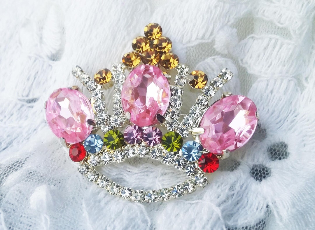 Vintage Pink Crystal Rhinestone Crown Pin Brooch 1990s Etsy
