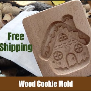 Wood Christmas Gingerbread House Cookie Mold 3.14&quot;x3.93&quot;  w/ muslin bag - Springerle, Speculaas, Gingerbread, Shortbread  - Holiday Cooking