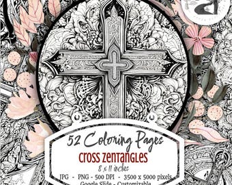 52 Kreuz Kruzifix Zentangle Erwachsene Ausmalseiten 8 x 11 in 500DPI, Scrapbook Crafts, Karten, Art, Journal, Ostern, Weihnachten, Geschenk, Christian