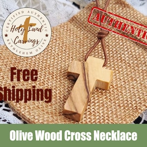Beautiful Authentic Bethlehem Carved Holy Cross 1.5&quot; Olive Wood Necklace, Leather Cord, Burlap Bag, and Certificate - FREE Shipping