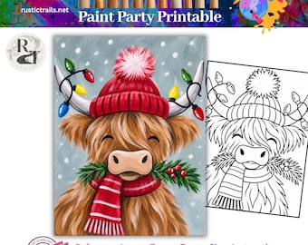Festa da Pintura, Modelo Pré-Desenhado de Vaca das Terras Altas de Natal, Kit de Ferramentas, Tutorial de Pintura Passo a Passo, Lição de Desenho para Imprimir, Digital, Dicas