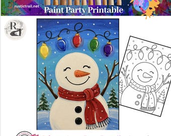 Malparty, Schneemann mit Weihnachtslichtern – vorgezeichnete Vorlage, Werkzeugset, Schritt-für-Schritt-Anleitung, druckbare Kunstvorlage, Malen, digital