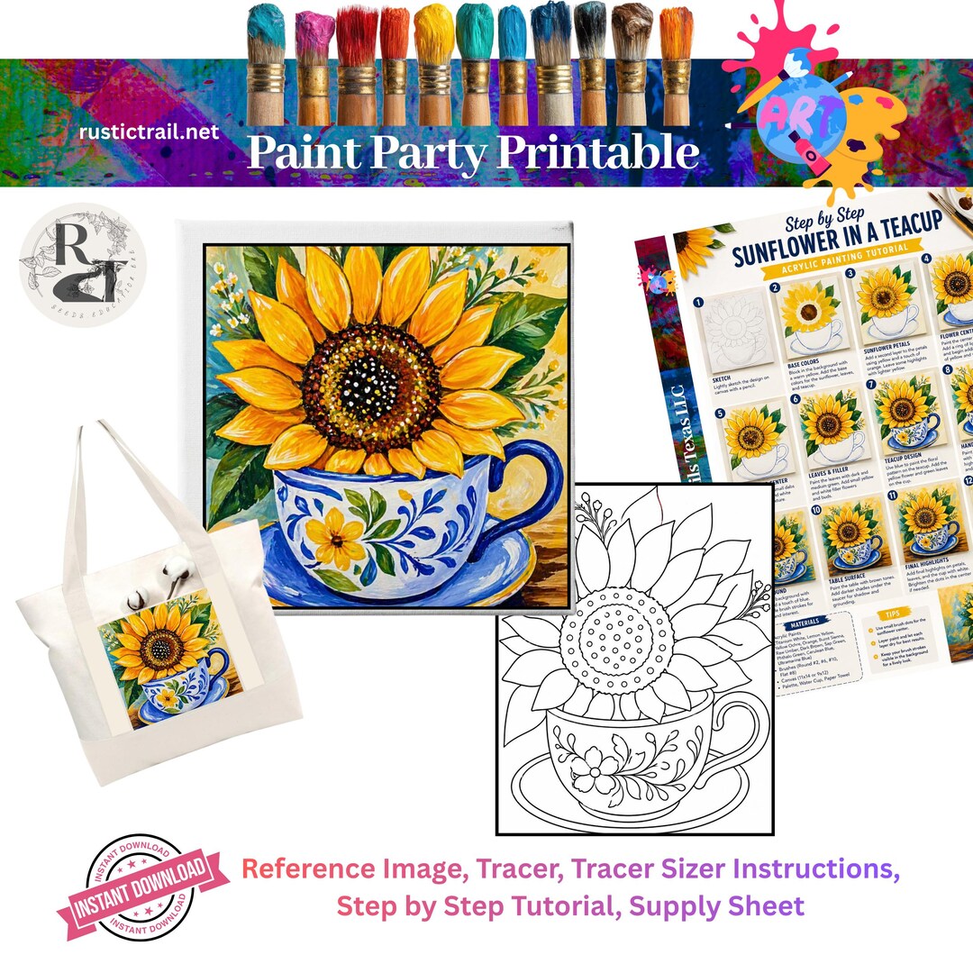Paint and Sip Party Sunflower Tea Cup Design, Pre Drawn Template ...