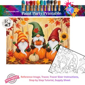 May include: A digital Paint Party Printable featuring three gnomes sitting on pumpkins in an autumn forest with falling leaves. The image includes a colour reference, a black and white tracer, and text reading "rustictrails.net Paint Party Printable".