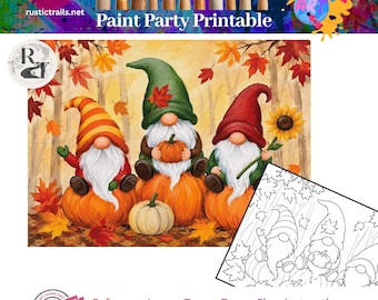 Paint Party, Autumn Fall 3 Gnomes on Pumpkins Pre Drawn Template, Tracer, Step by Step Painting Tutorial Printable Art Lesson, Color Wheel
