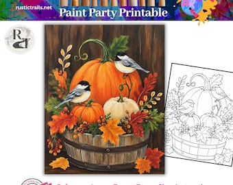 Paint Party, Autumn Fall Birds and Pumpkins, Pre Drawn Template, Canvas Toolkit, Tutorial, Printable Art Painting Lesson, Tracer, Techniques