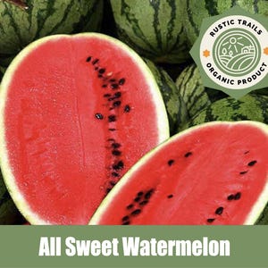 May include: A close-up of a sliced watermelon with red flesh and black seeds. The watermelon is labeled "Rustic Trails Organic Product" and "All Sweet Watermelon".
