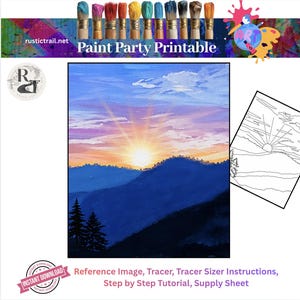 Paint Party, Mountains at Sunset Pre Drawn Template, Tracer Canvas Toolkit, Step by Step Tutorial Printable Art Painting Lesson Guide