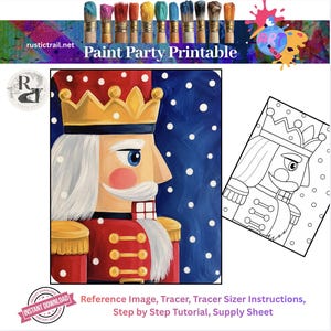 Puede incluir: Un set imprimible para fiesta de pintura con una ilustración de cascanueces con corona dorada, uniforme rojo y cabello blanco sobre un fondo azul oscuro nevado. Incluye un trazador de arte lineal en blanco y negro e instrucciones.
