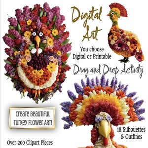 Maak prachtige doe-het-zelf kalkoenkunst met bloemen Google-diaactiviteit Shabby Chic 8,5 x 11 in 500 DPI PNG Knutselen, school, Thanksgiving, afdrukken