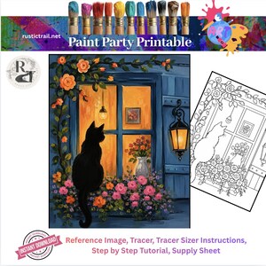 Paint Party, Cat in Window at Night Painting,  Drawn Template, Toolkit, Step by Step Tutorial Printable Art Tracer Lesson, Color Wheel, Tips