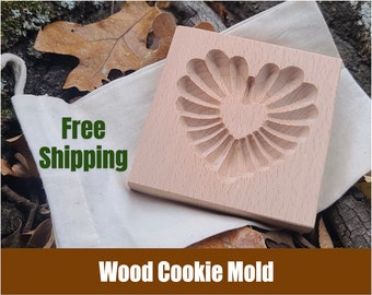 Wood Heart Cookie Mold 3.94"x3.94"  w/ muslin bag - Springerle, Speculaas, Gingerbread, Shortbread  - Christmas  Holiday Cooking